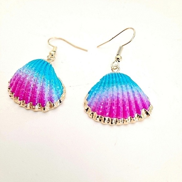 Gold statement earrings blue pink seashell boho mermaid beach tropical 💖 2/$30 - Picture 8 of 13
